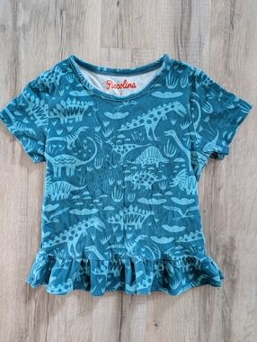 Piccolina Teal Dino Ruffle Hem Kids Top, 8Y (V8)